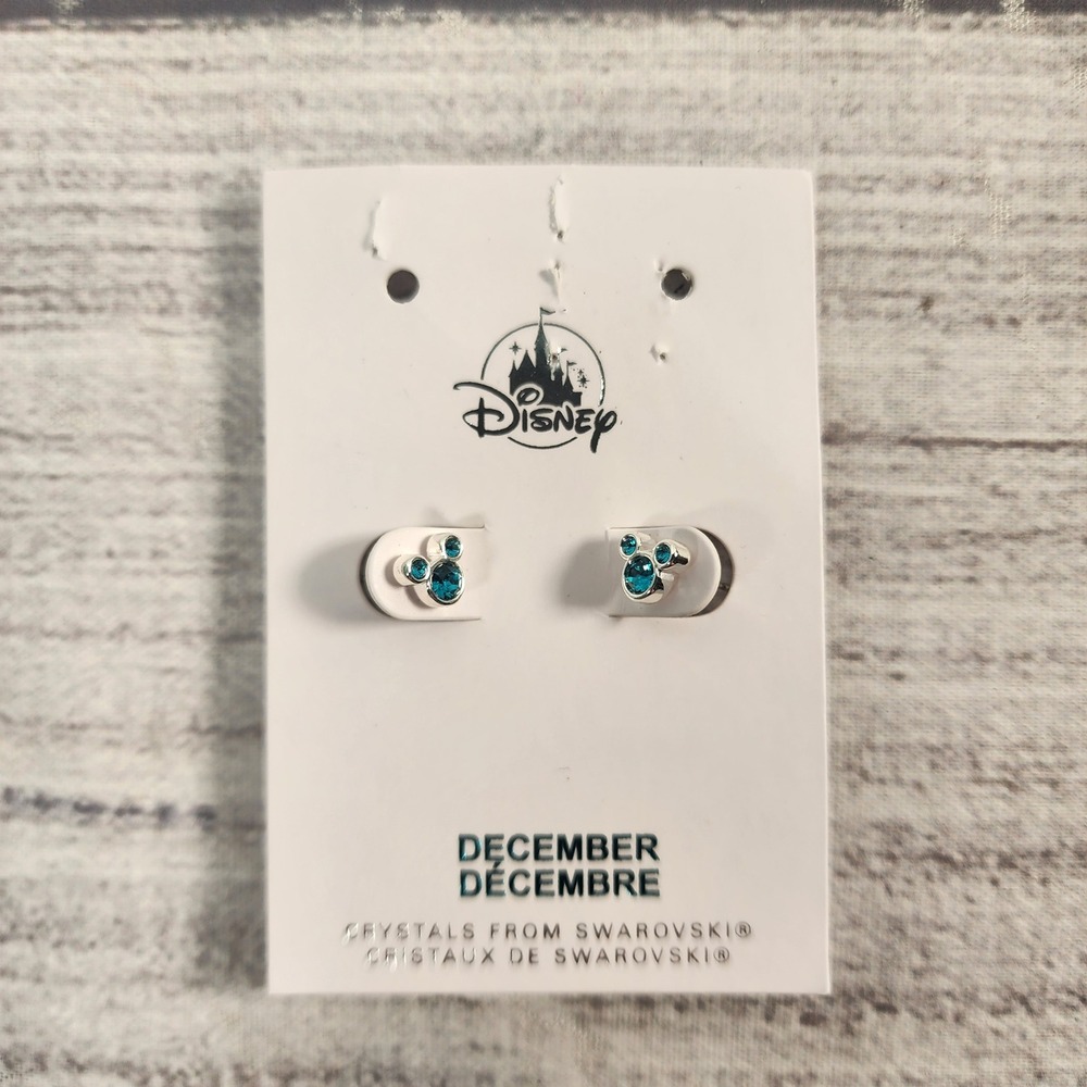 Disney Mickey Mouse December Birthstone Swarovski Crystal Stud Earrings Silver
